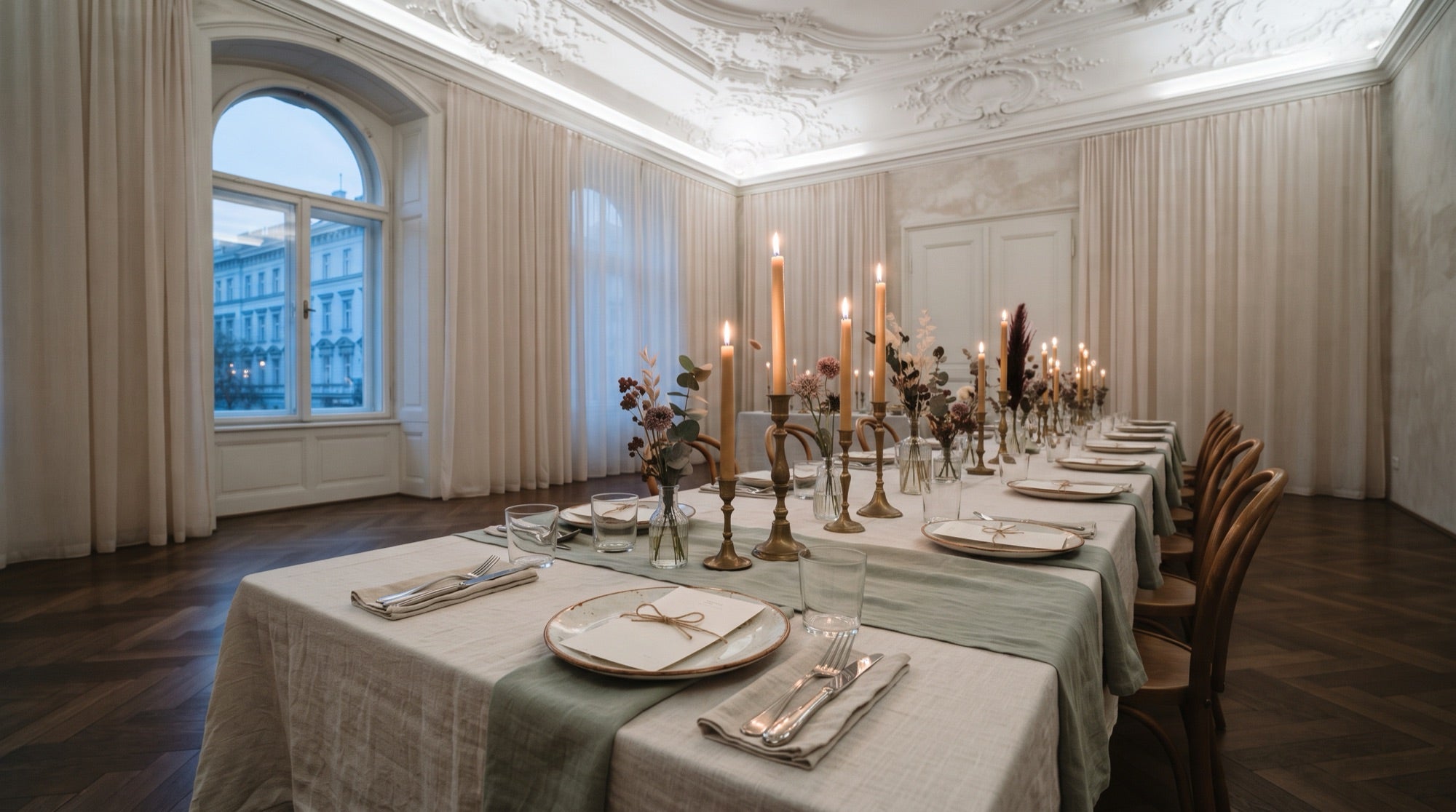 Gedeckte Hochzeitstafel im Altbau-Saal mit Leinen, Kerzen und Chiffon