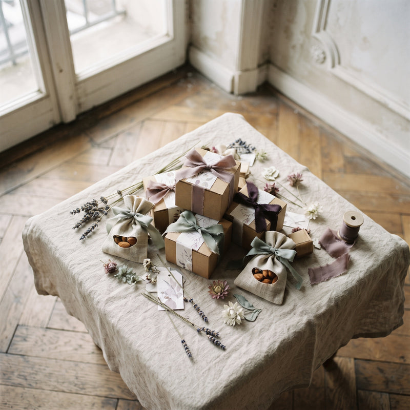Gastgeschenke, Säckchen, Schachteln, Saatpapier, Gläser