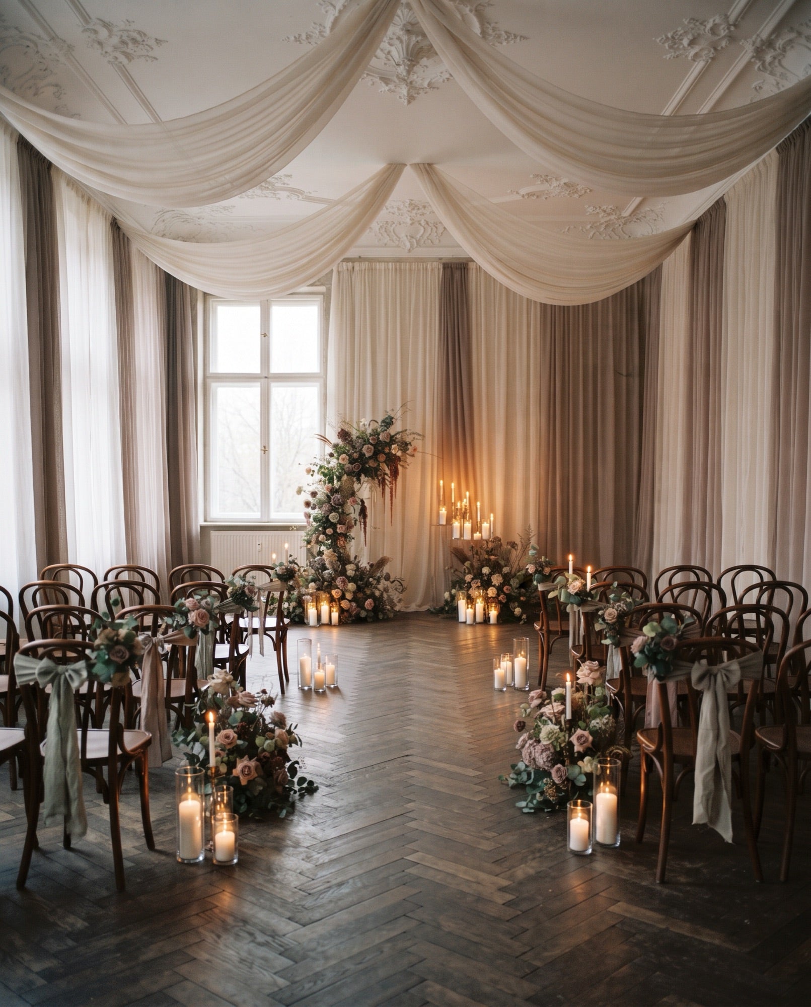Festsaal mit raumhoher Chiffon-Drapierung im Kerzenlicht